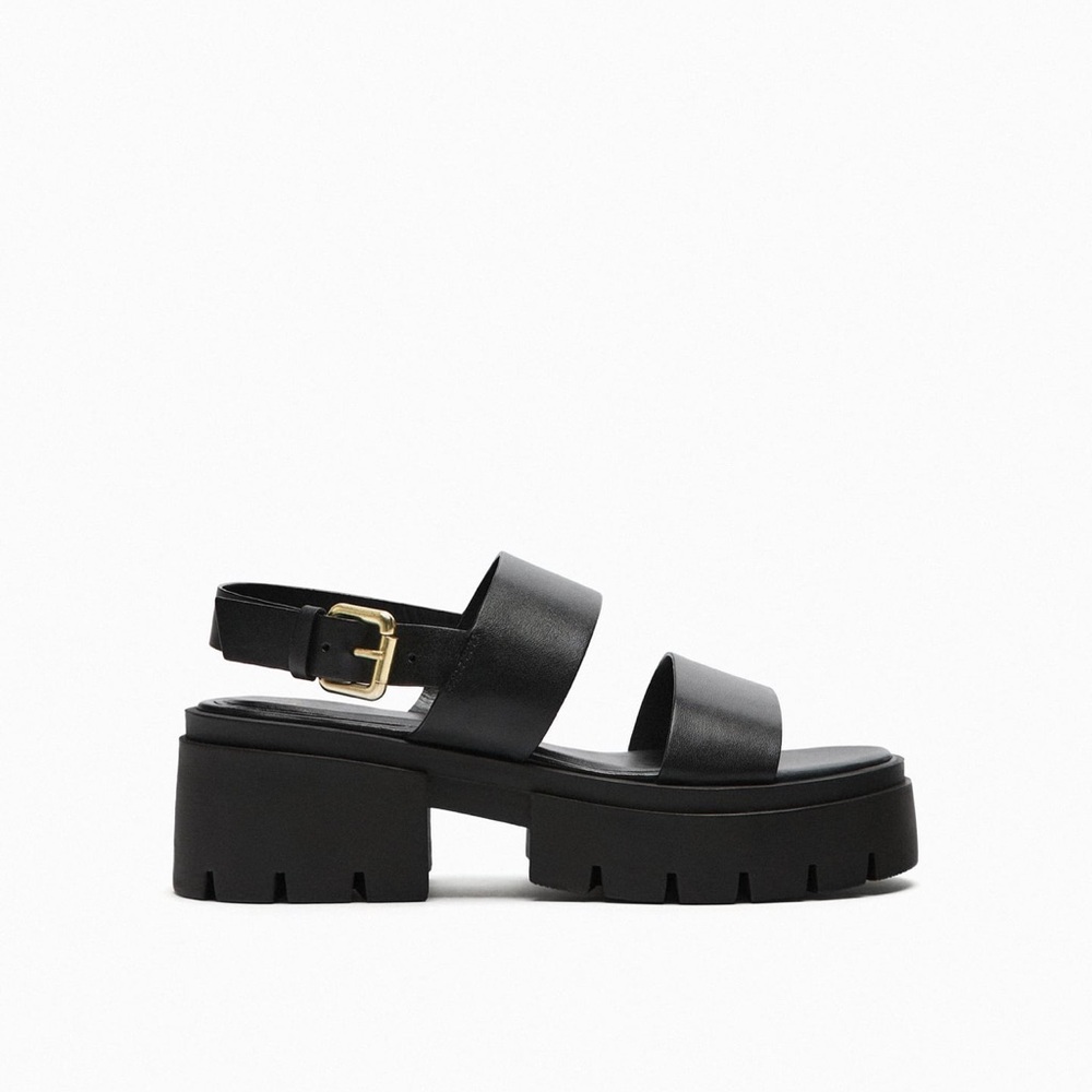 Zara Black Platform Lug Sole Leather Sandals with Gold Buckle size 37 (6.5-7)